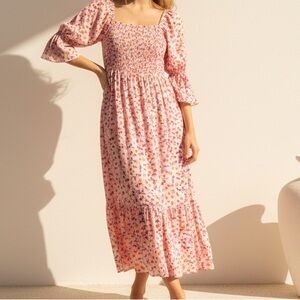 Betsey Johnson Pink Floral Smocked Midi Dress  Sz L Feminine Flowy Spring Vibes